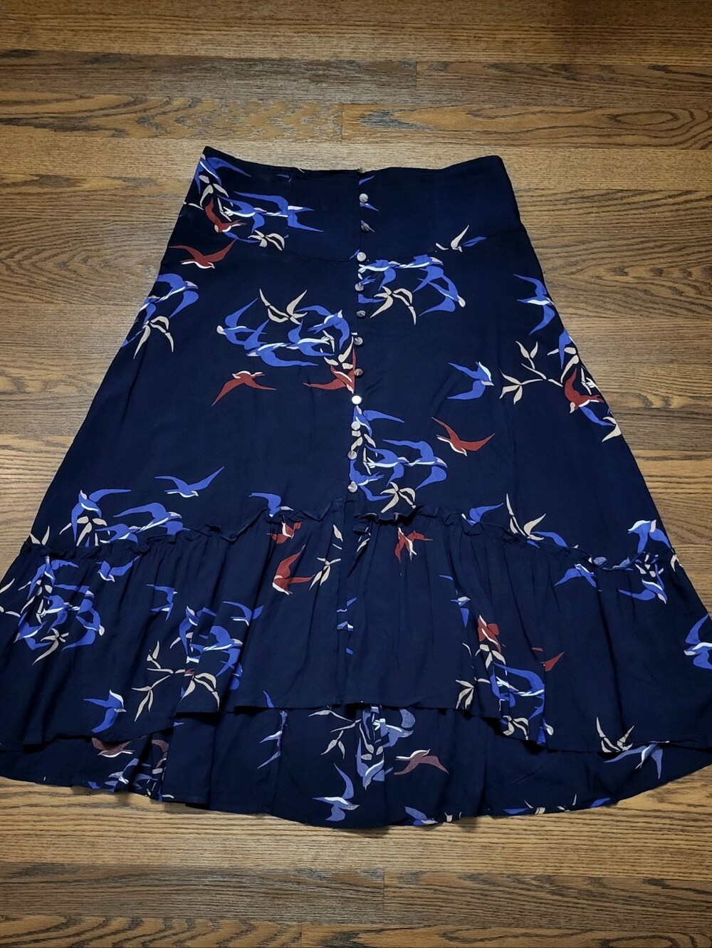 Womens MAEVE Anthropologie Navy Blue Viscose Ruffled Skirt Colorful Birds US 8
